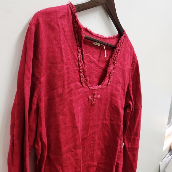 Max Studio Special Edition Long Sleeve Linen Top Size Large Red Distressed - Picture 2 of 13